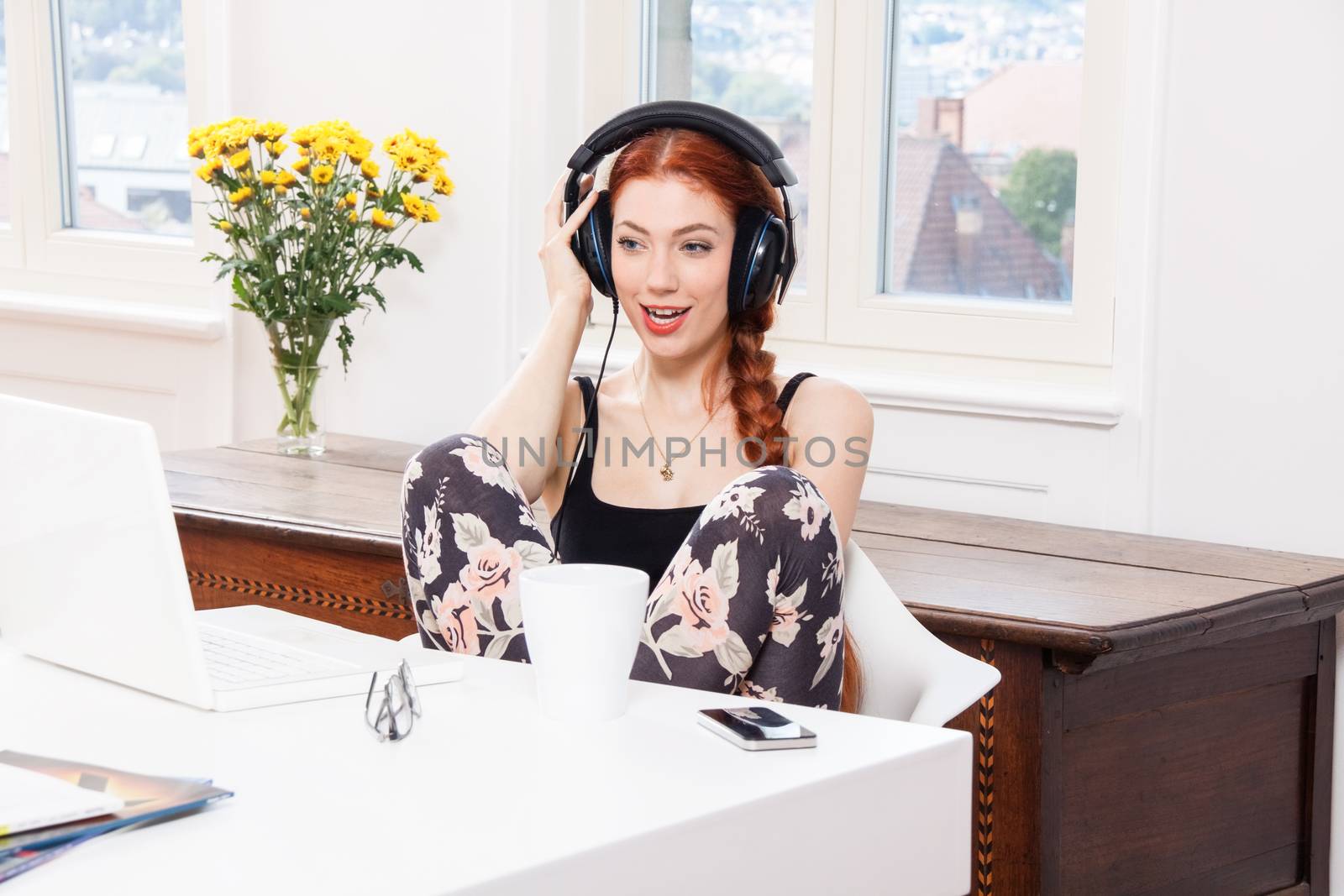 Happy Young Woman Listening Music In her Room by juniart