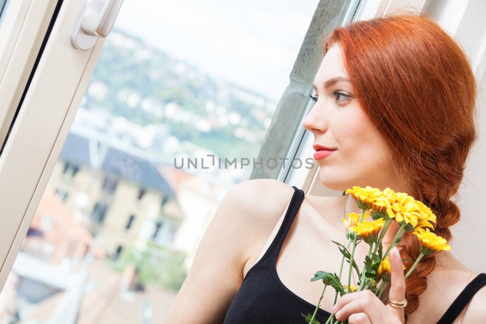 Thoughtful Woman with Flowers Leaning on Window by juniart