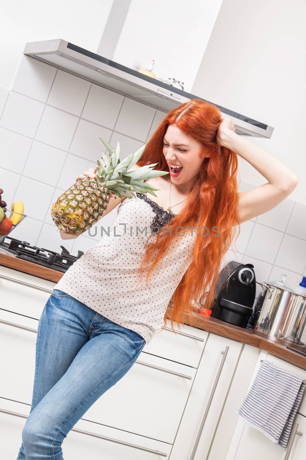 Happy Woman Using a Pineapple as Microphone by juniart