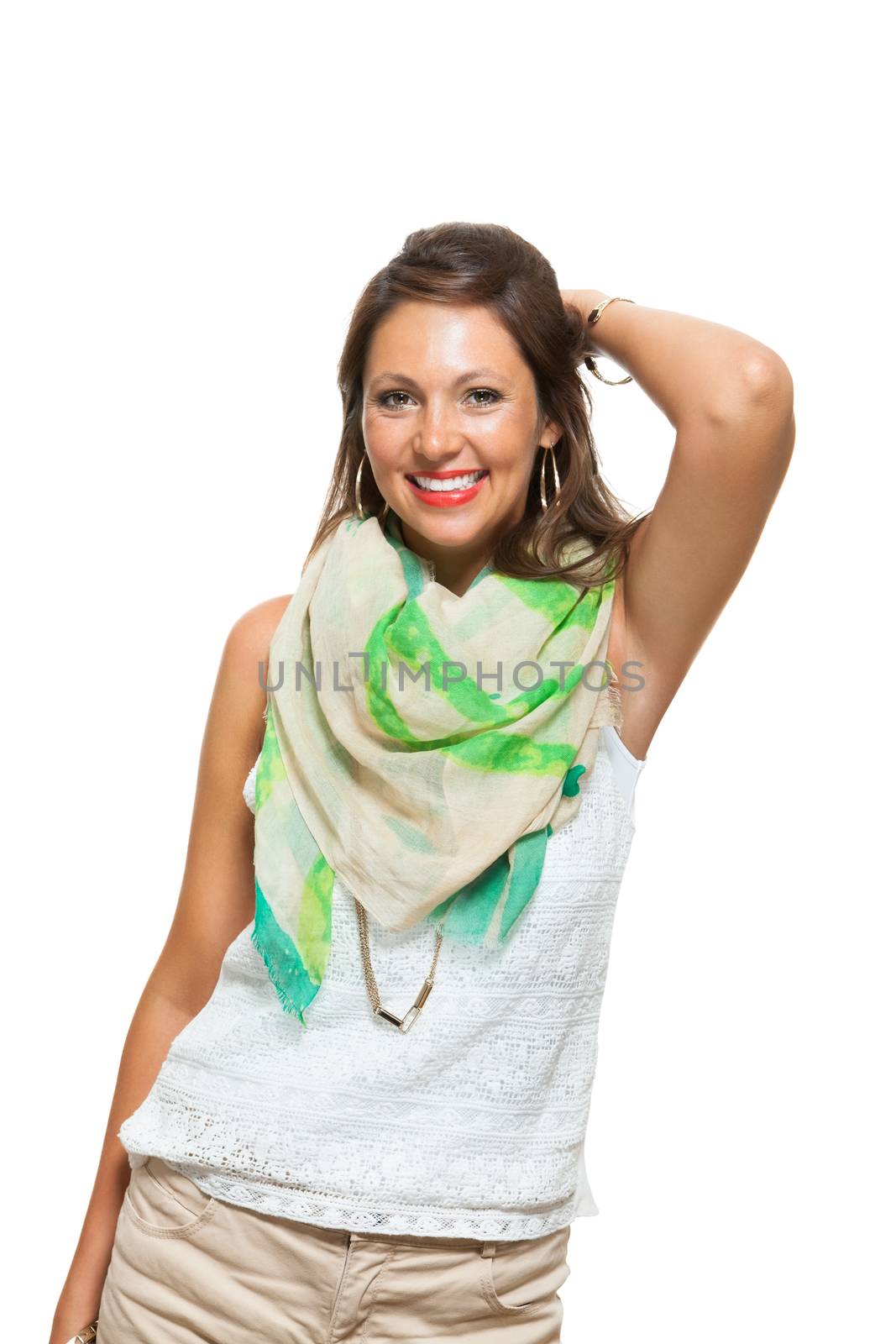 Close up Cheerful Pretty Young Woman in White Sleeveless Shirt with Scarf, Smiling at the Camera While Holding her Waist, Isolated on White Background.