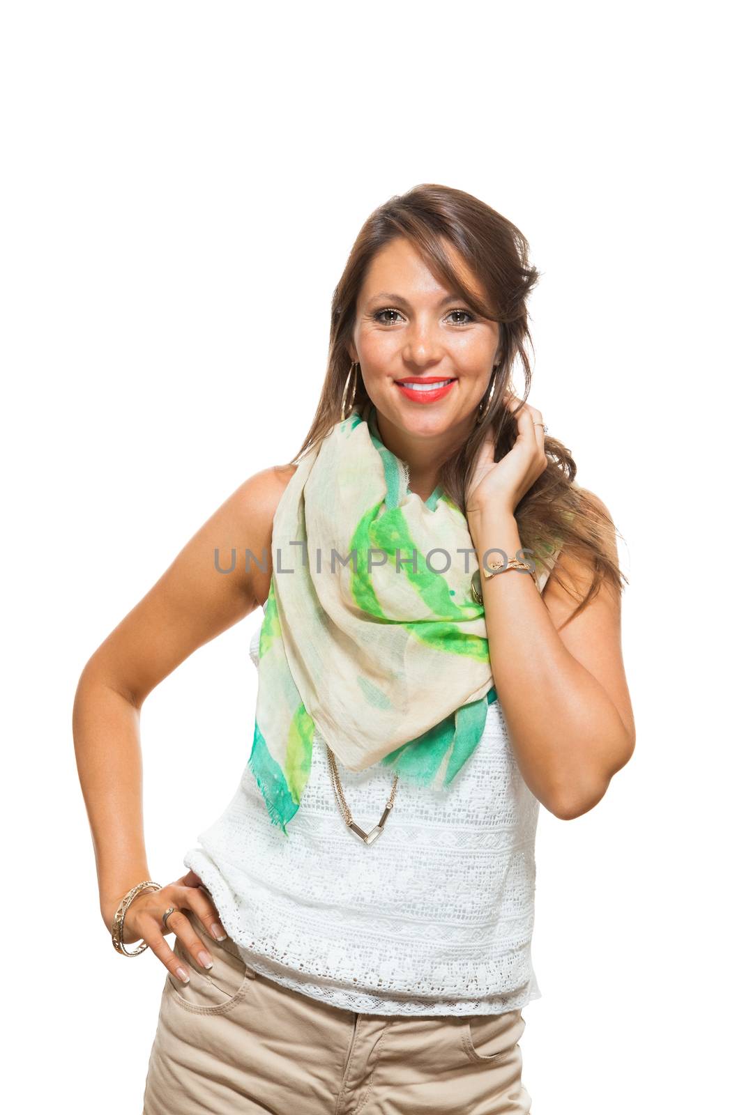 Close up Cheerful Pretty Young Woman in White Sleeveless Shirt with Scarf, Smiling at the Camera While Holding her Waist, Isolated on White Background.