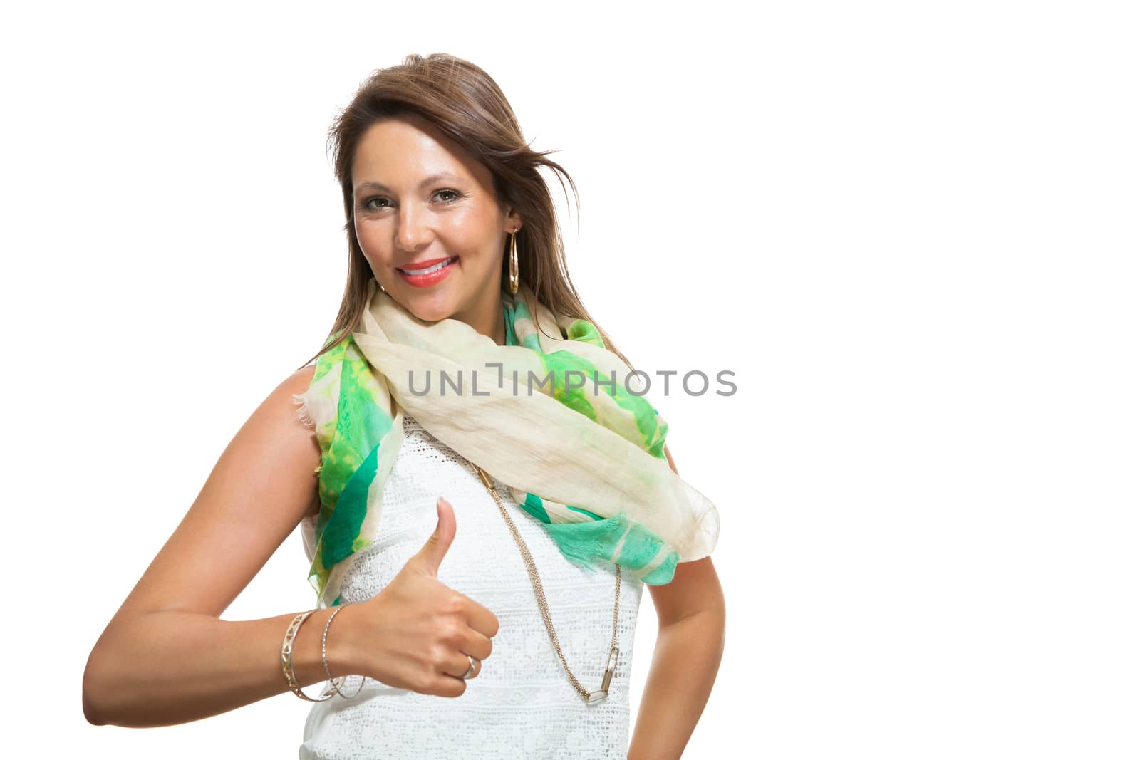 Close up Stylish Pretty Woman in Showing Two Thumbs up Signs at the Camera. Isolated on White Background.