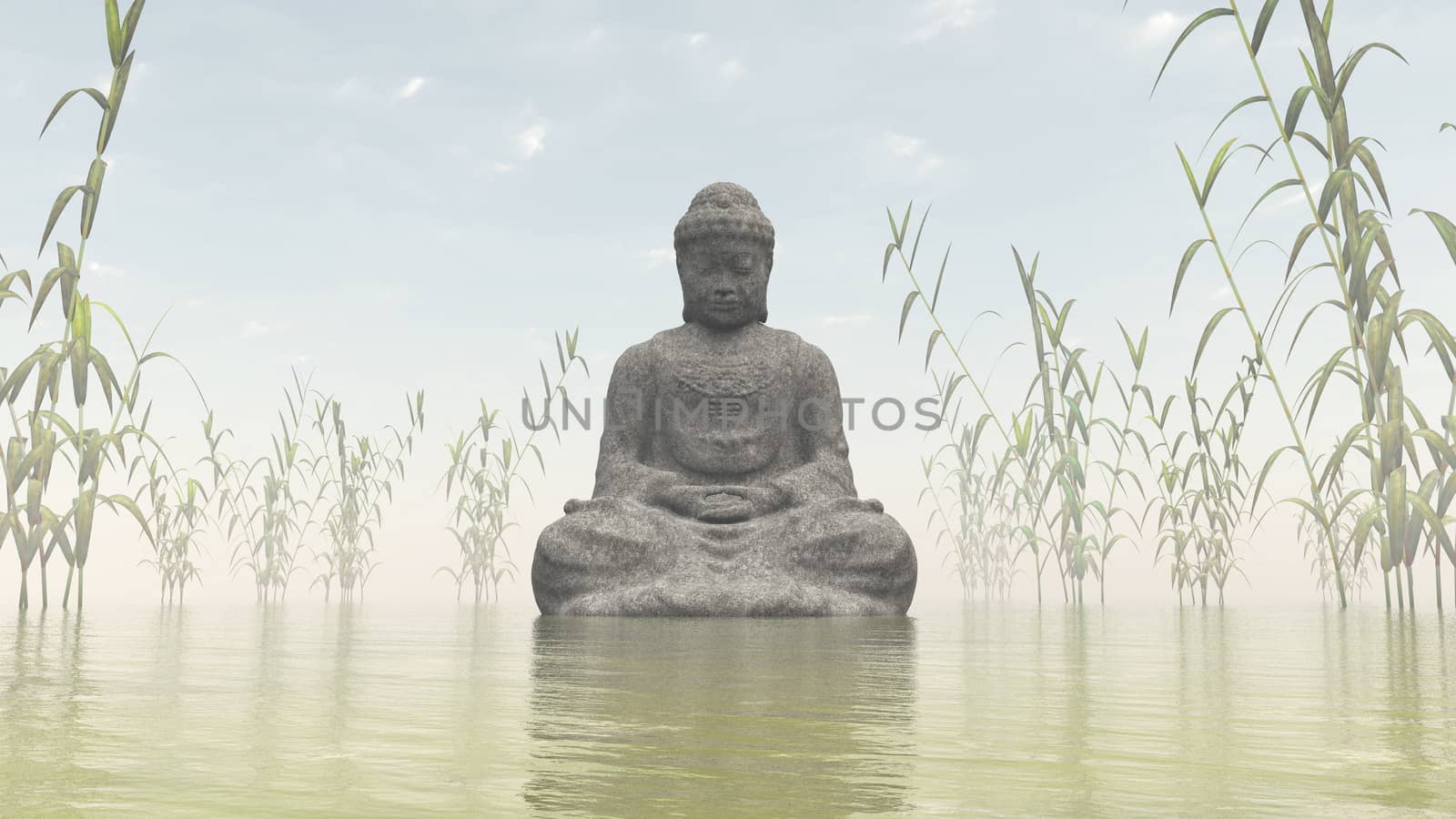 Stone buddha meditating next to bamboos by morning light - 3D render