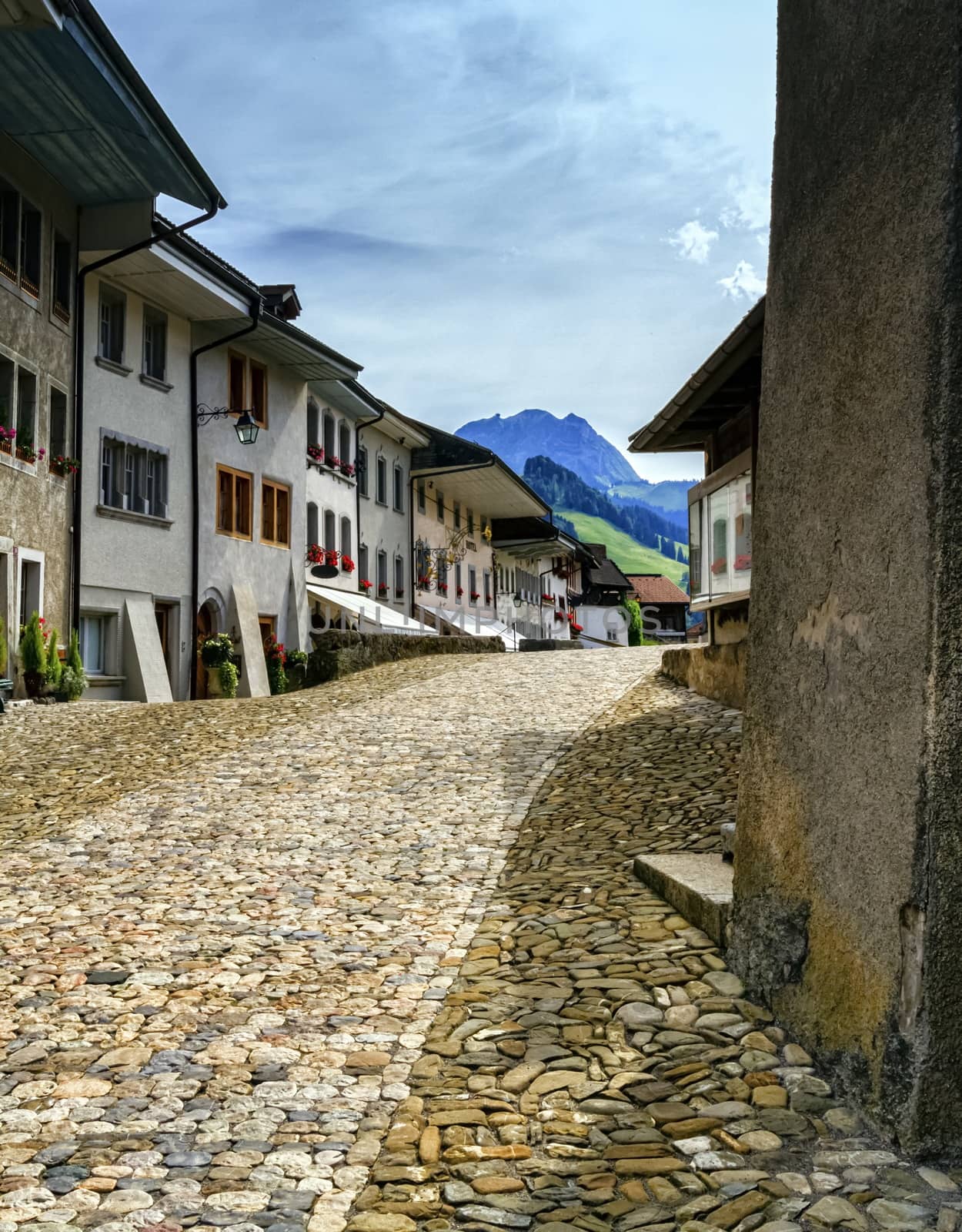 Street in Gruyeres village by day, Fribourg, Switzerland