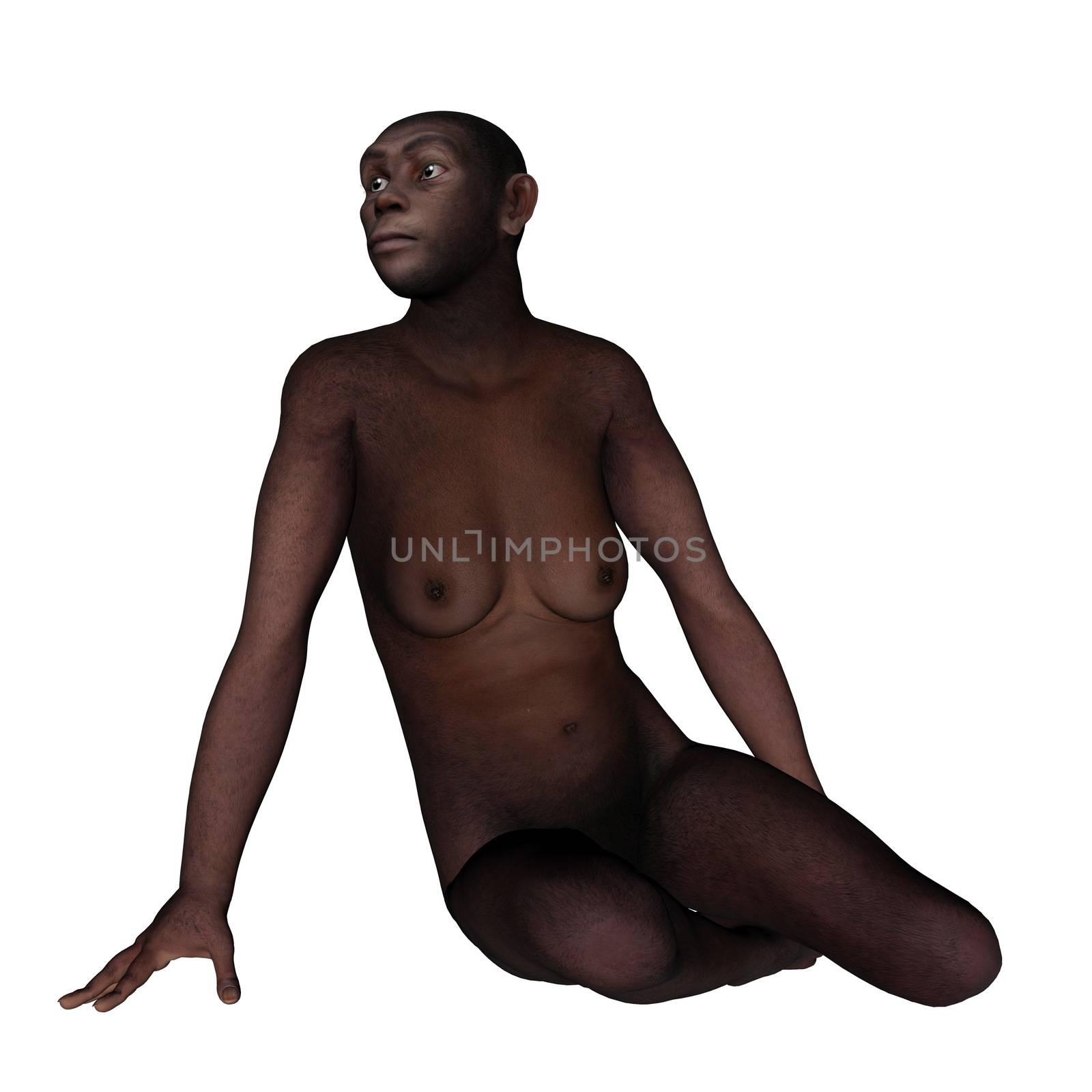 Female homo erectus sitting - 3D render by Elenaphotos21