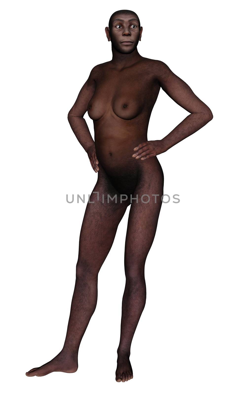 Female homo erectus standing- 3D render by Elenaphotos21