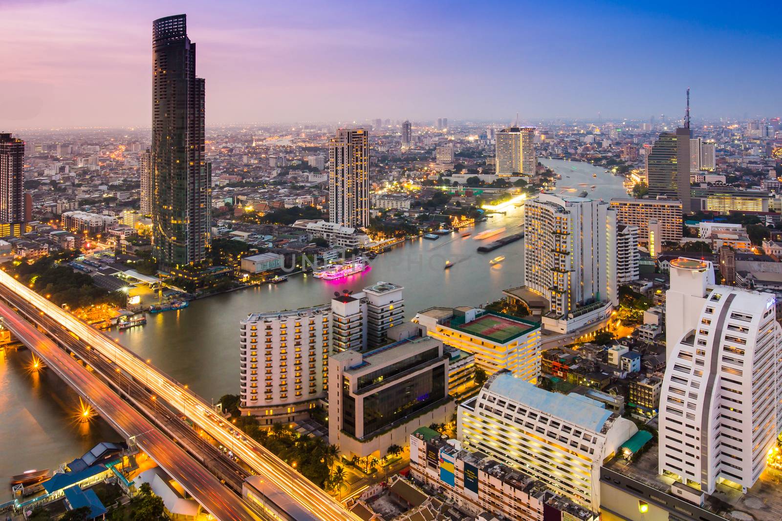 Bangkok city scape evening to night time twilight light color sky