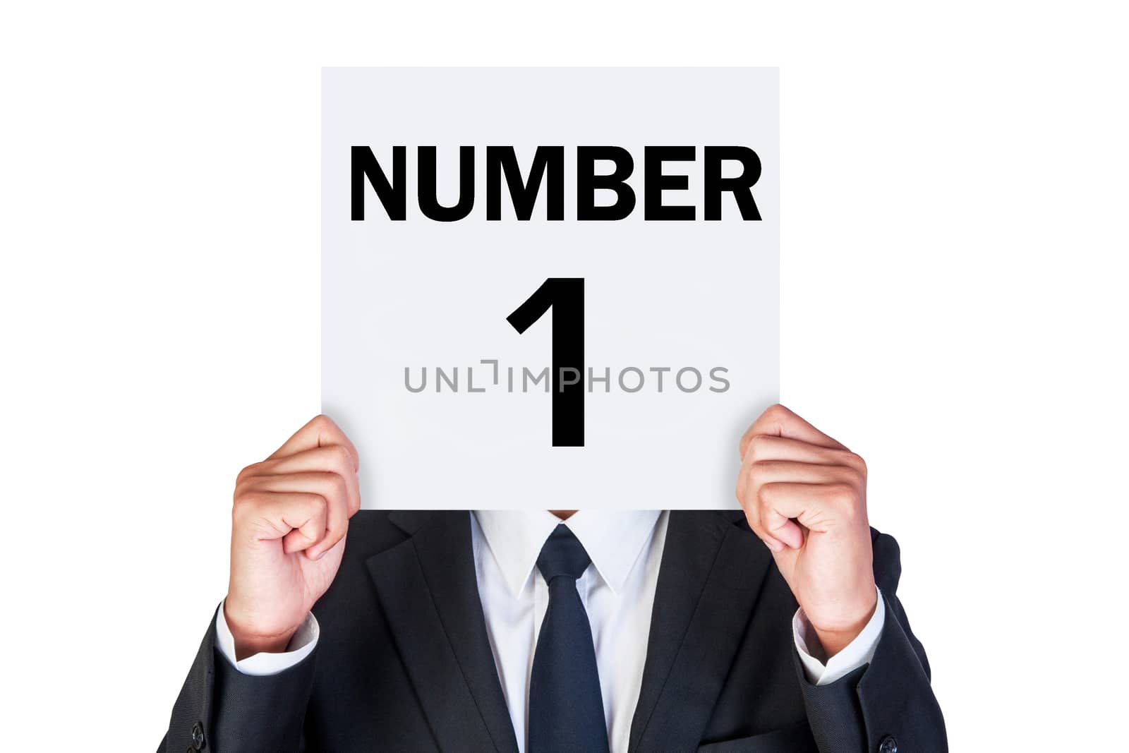 Number One concept shown by business man isolated on white background