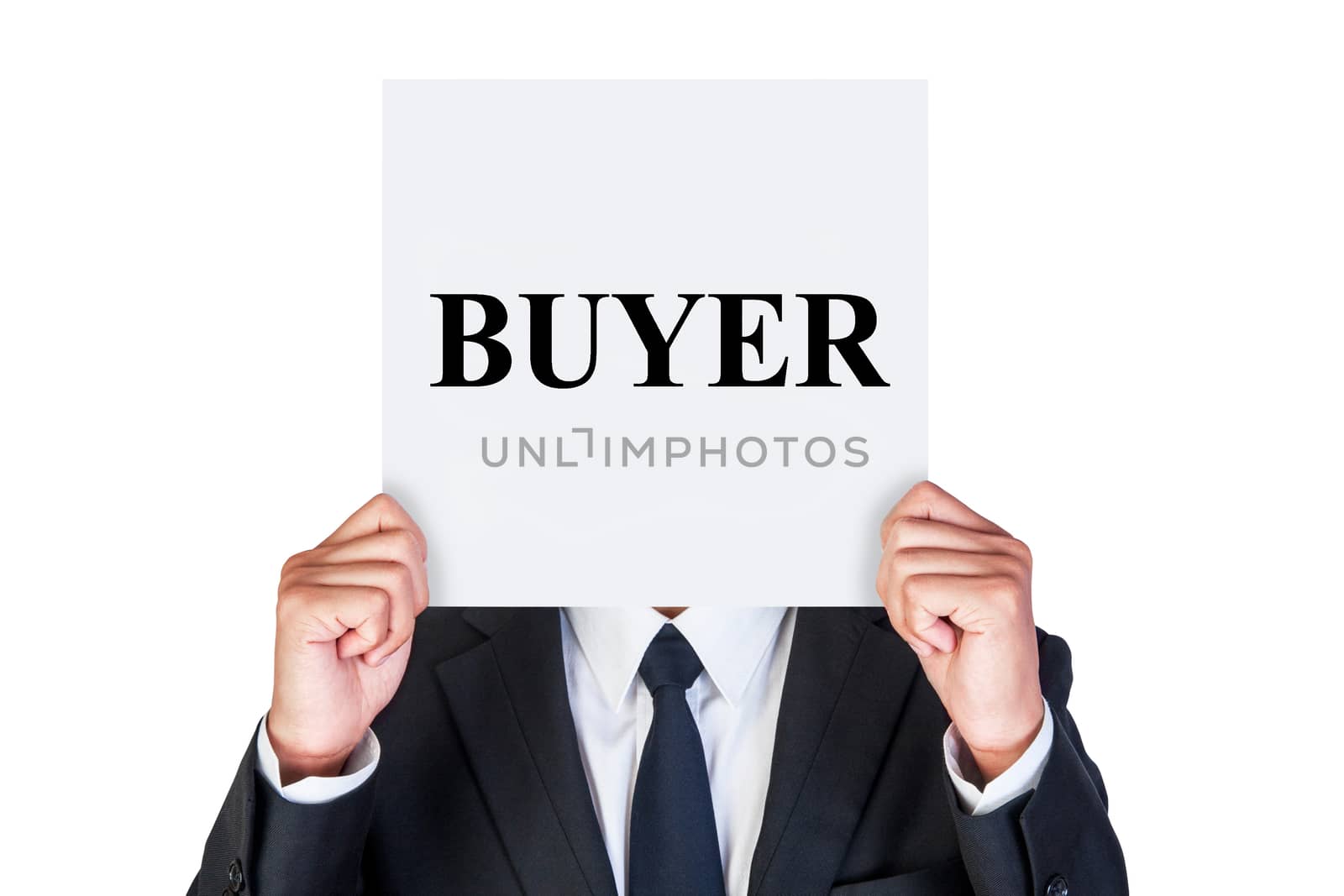 Say buyer word shown by business person isolated on white background
