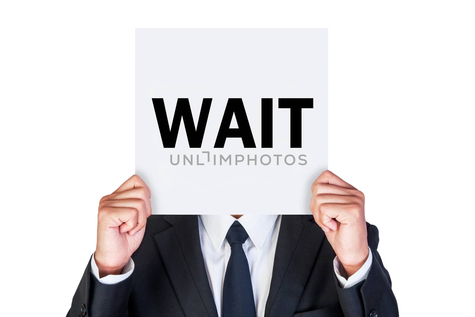 Show wait word on paper shown by business man isolated on white background