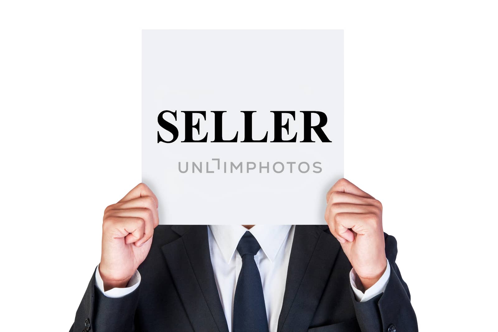 man show seller word on paper isolated on white