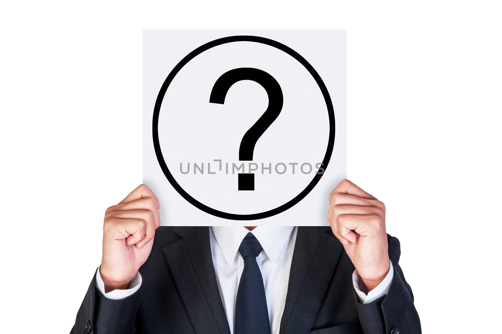 Show question mark symbol by businessman isolated on white
