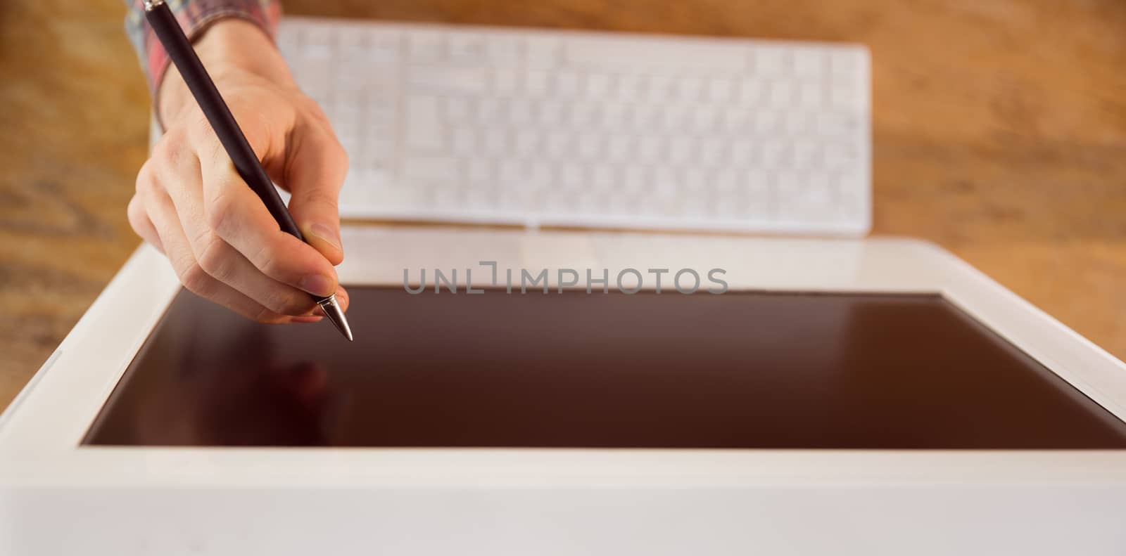 Businessman pointing at computer with pen in his office