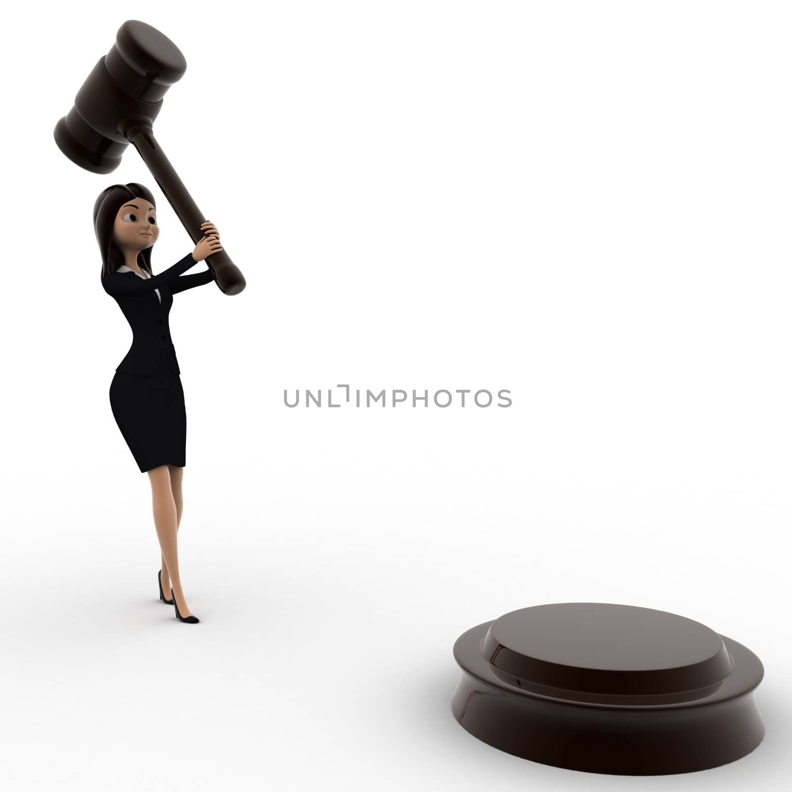 3d woman about to hit with wooden hammer concept on white bakcground, front  angle view