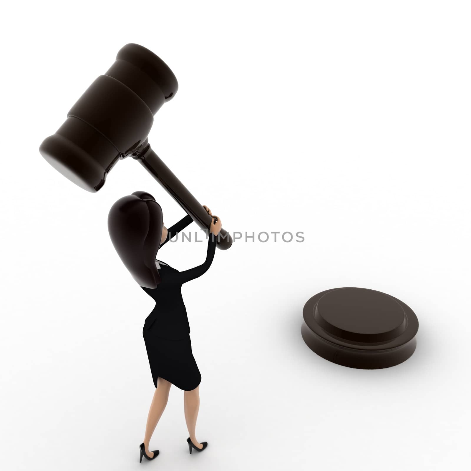 3d woman about to hit with wooden hammer concept on white bakcground, back  angle view
