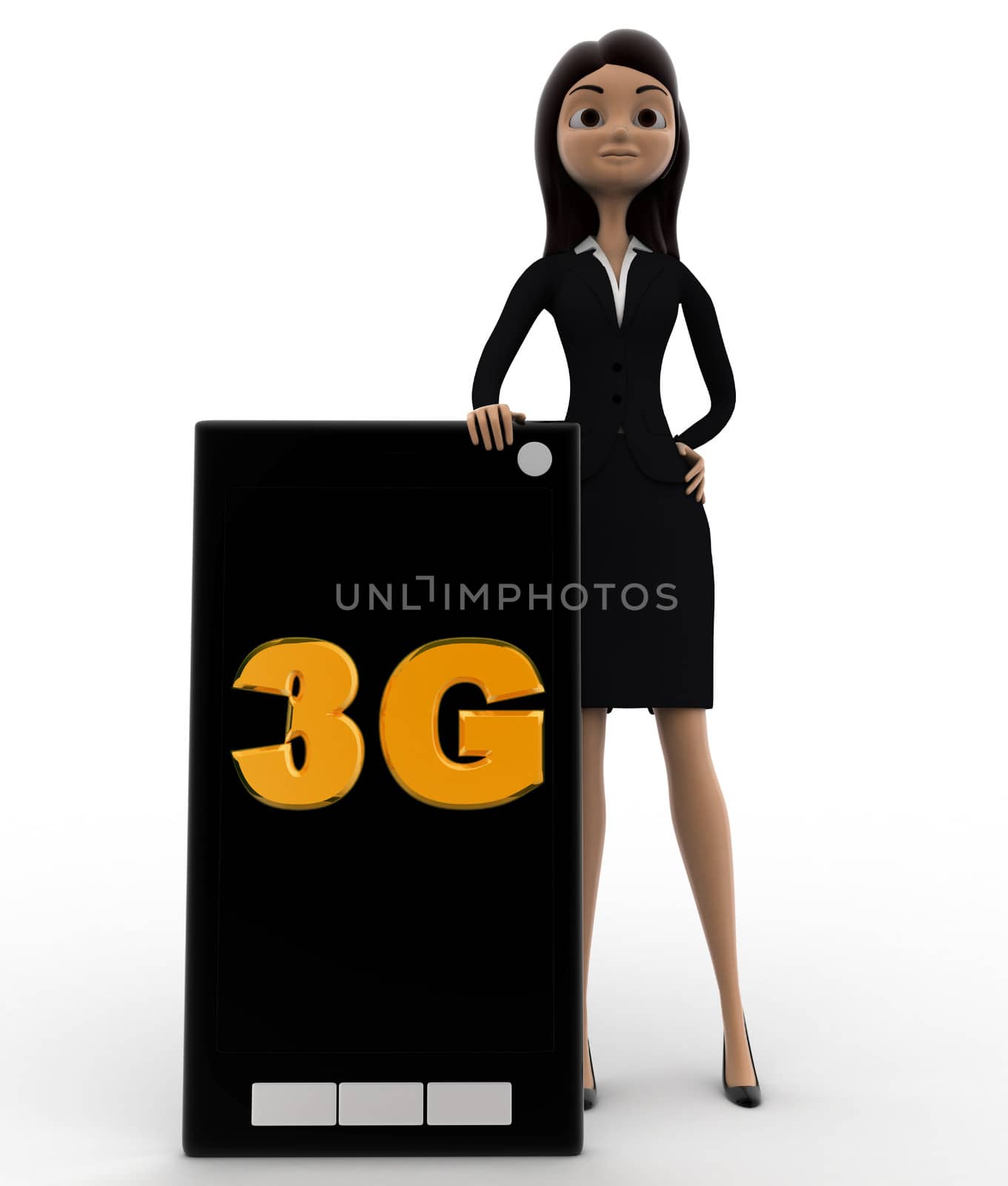 3d woman with 3g enbaled smartphone concept on white bakcground, front angle view