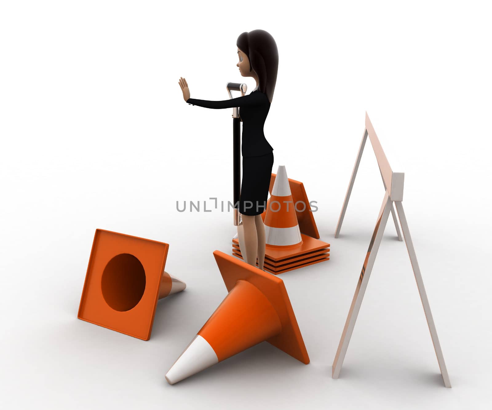 3d woman with diiger tool and traffic cones to stop concept by touchmenithin@gmail.com