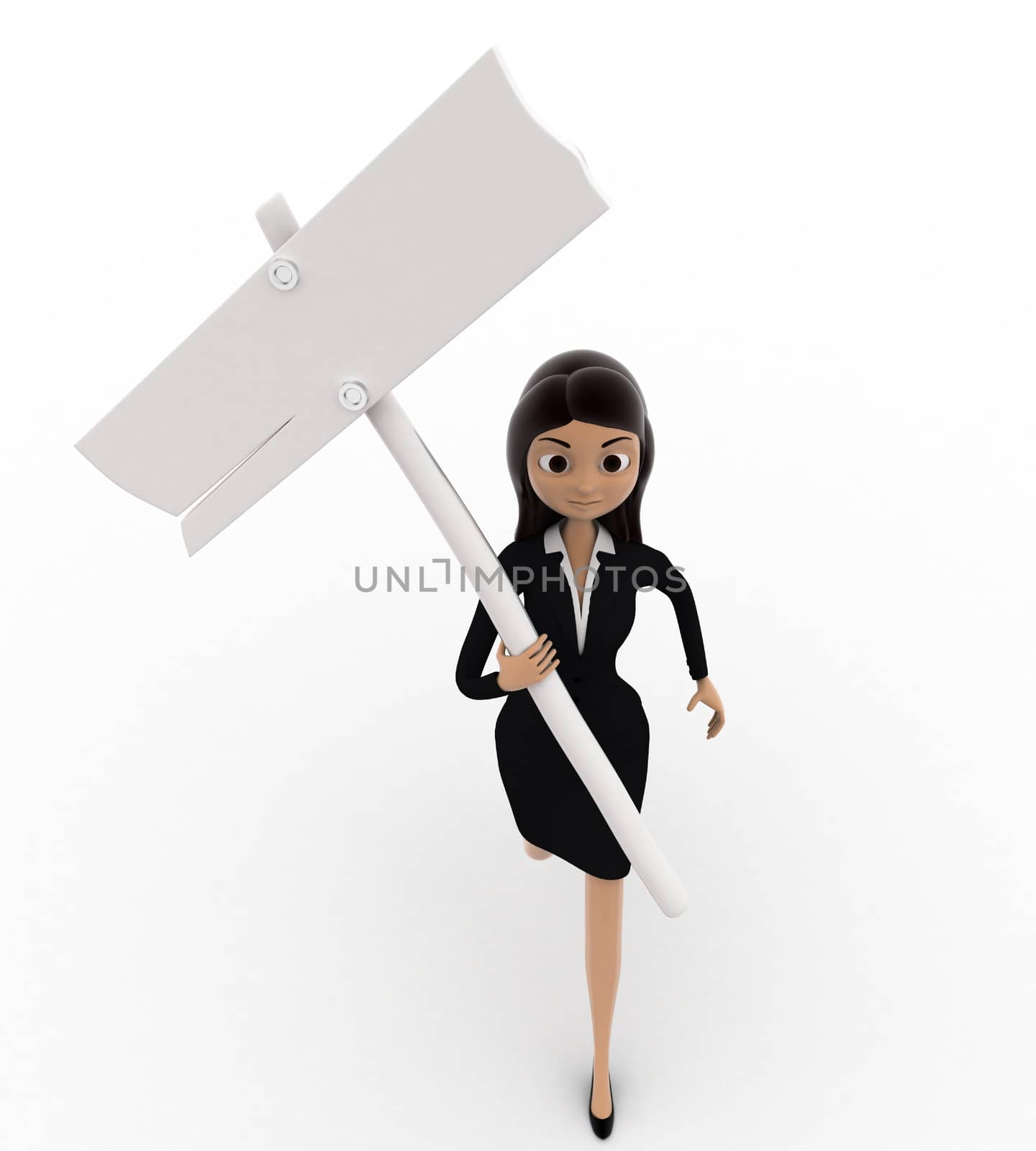 3d woman running with black sign board concept on white bakcground, front angle view