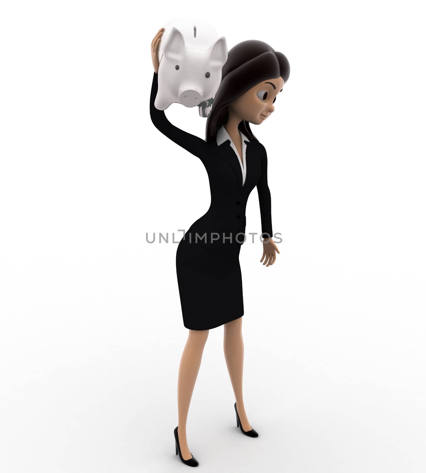 3d woman shaking piggybank concept on white bakcground, side angle view