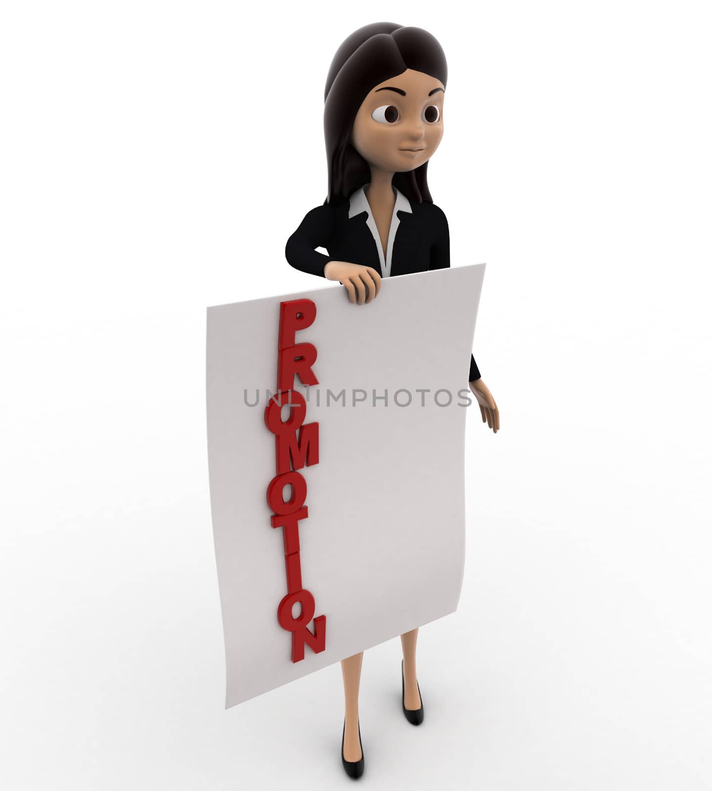 3d woman showing promotion letter on paper concept on white bakcground, side angle view