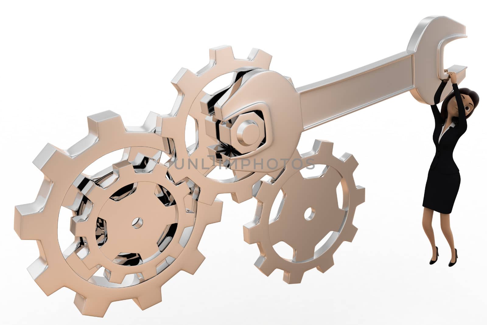 3d woman tightening nut and gears using mechanical wrench concept on white bakcground, top angle view