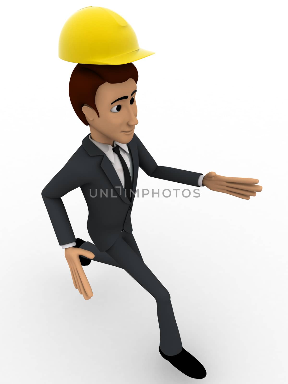 3d man construction engineer running concept on white background, top angle view