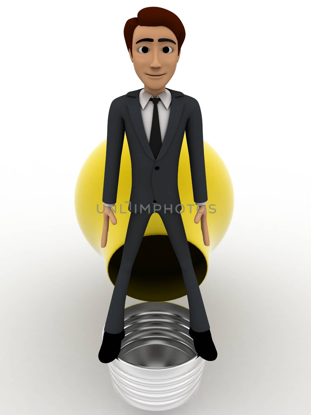 3d man opening yellow bulb and standing on bulb concept on white background, front angle view