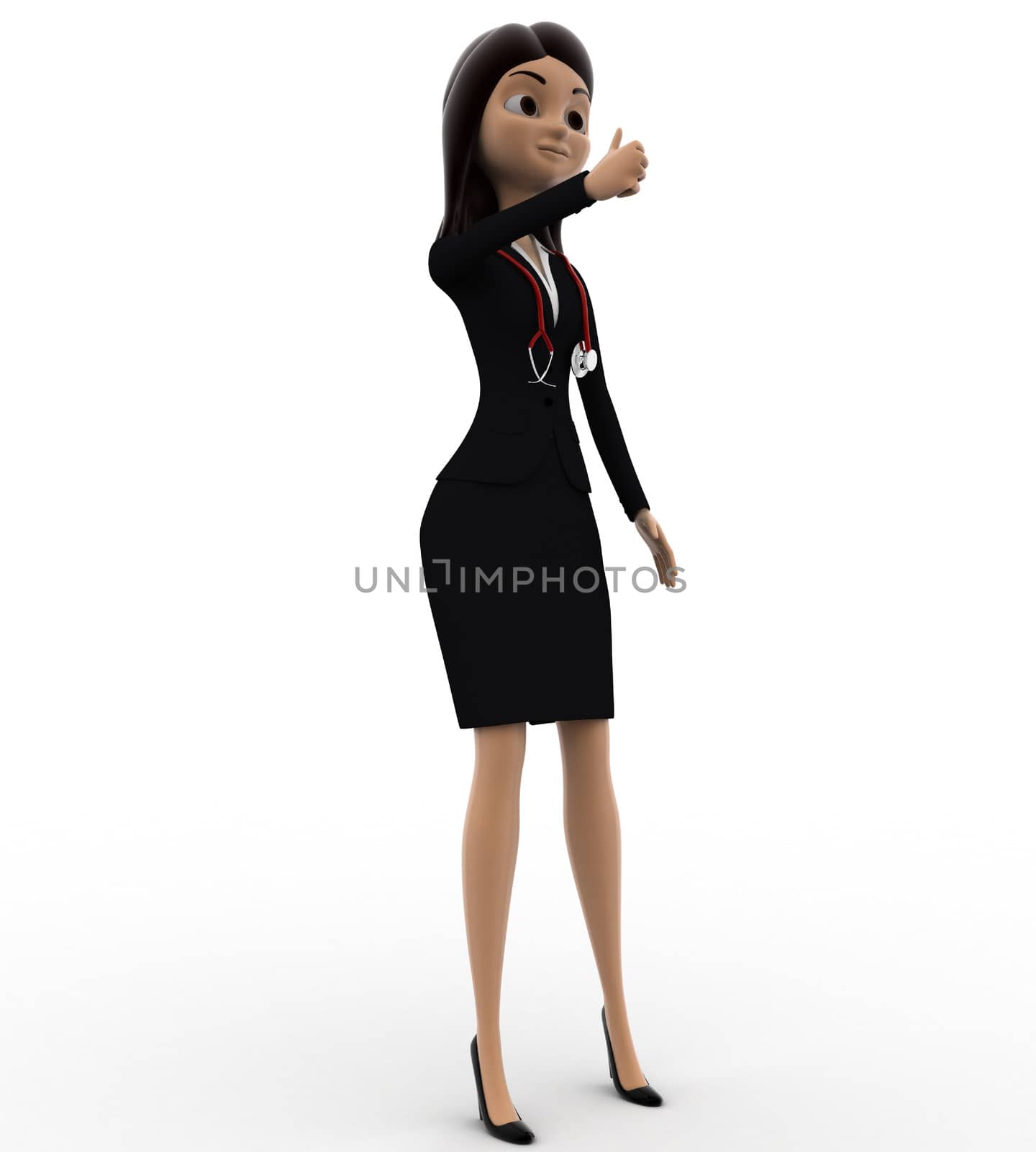 3d woman doctor showing thumbs up concept on white bakcground, front angle view