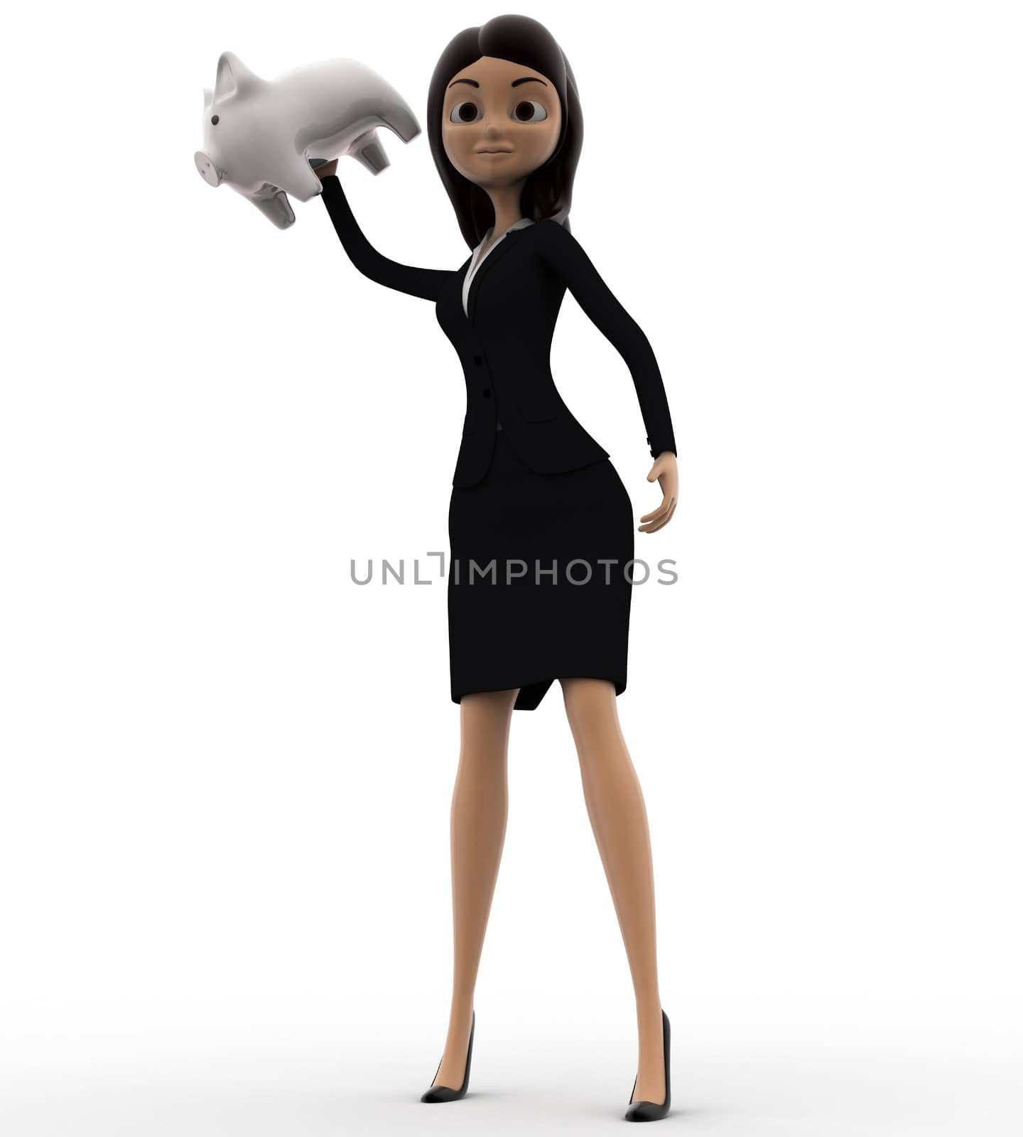 3d woman shaking piggybank concept on white bakcground, front angle view