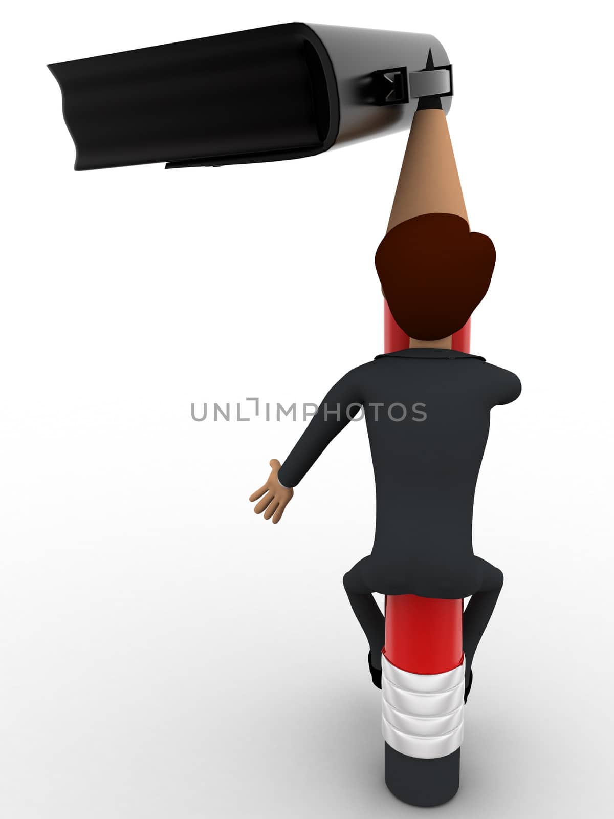 3d man climbing pencil like tree to pick briefcase concept on white background, front angle view