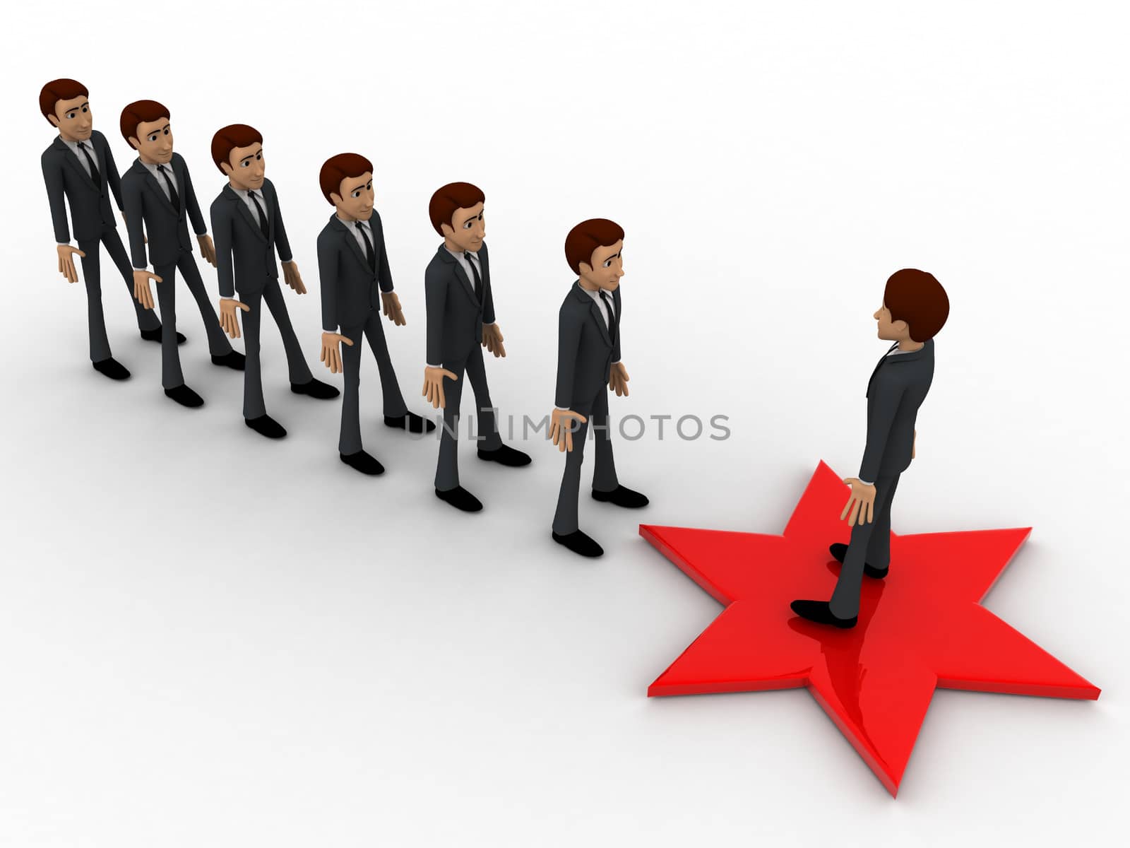 3d man standing on red star concept on white background,  top  angle view