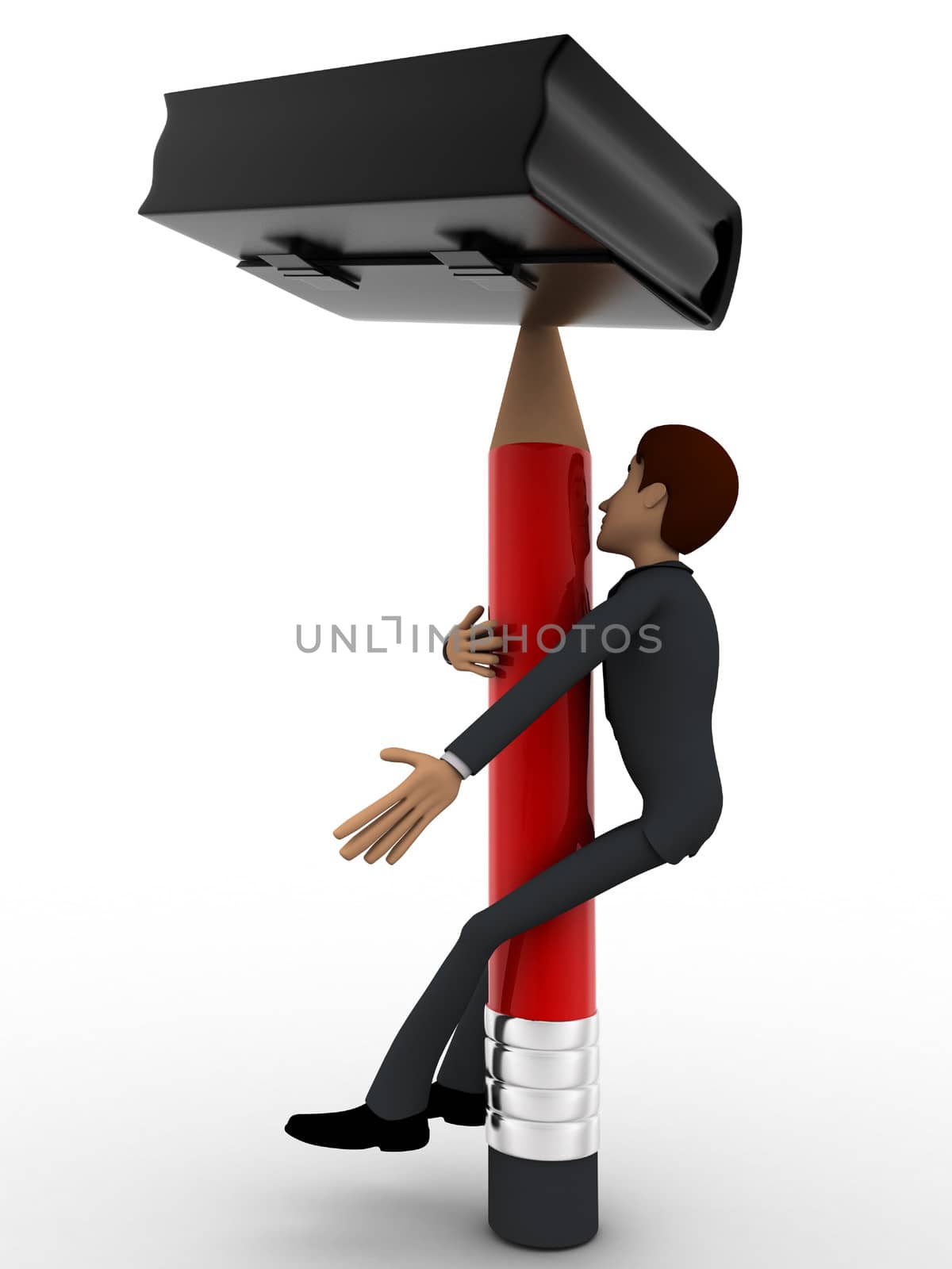 3d man climbing pencil like tree to pick briefcase concept on white background, side angle view