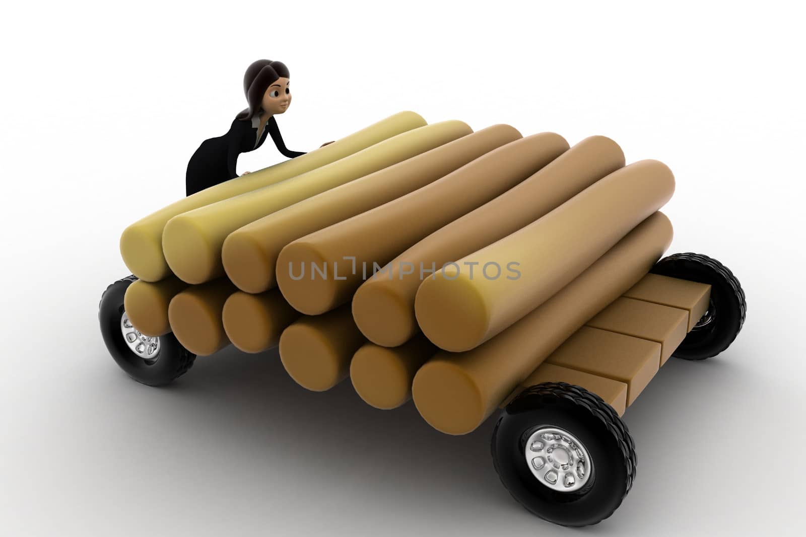 3d woman draw timber on hand truck concept by touchmenithin@gmail.com