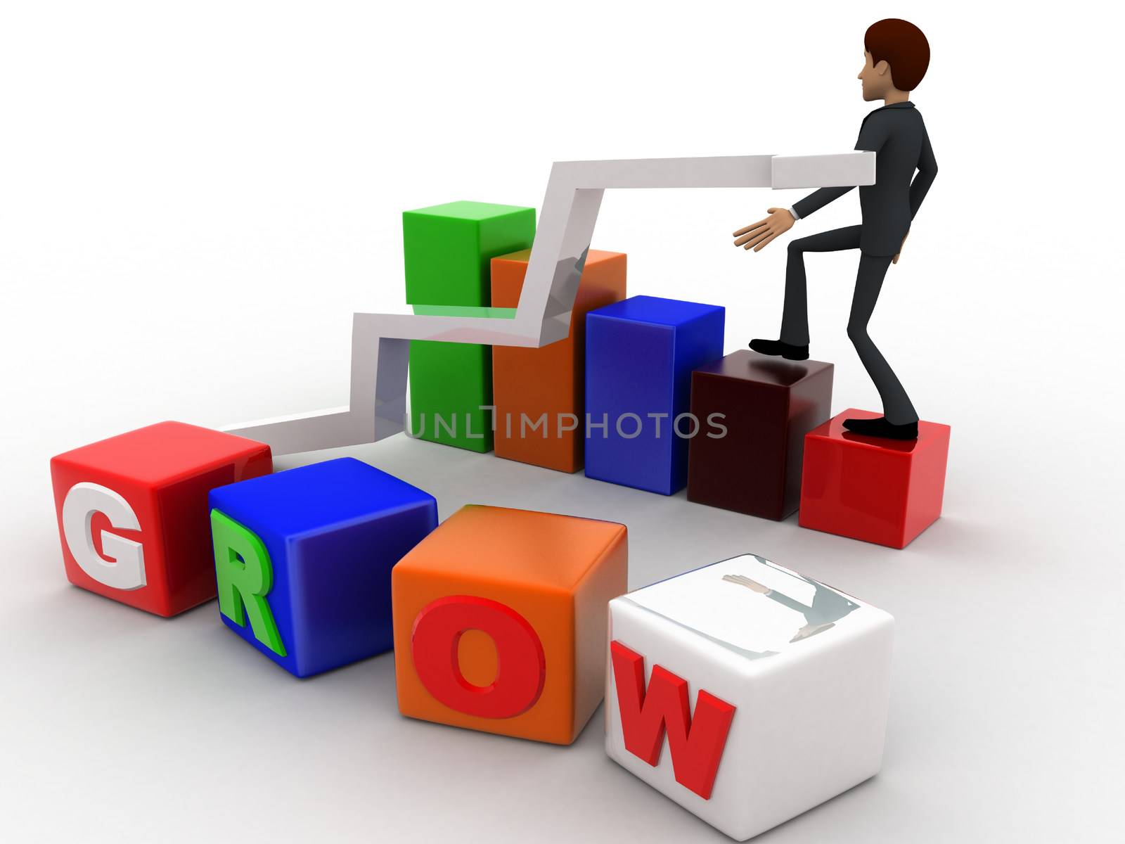 3d man with grow cube and bar and arrow graph concept on white background, side angle view