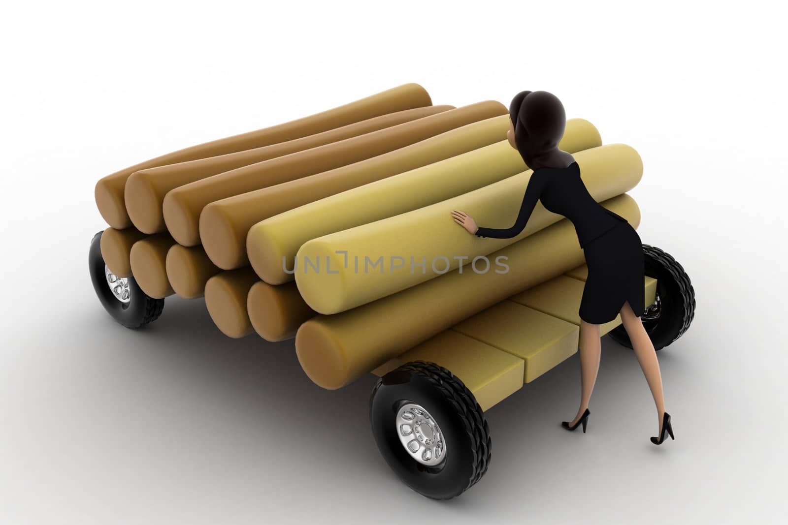 3d woman draw timber on hand truck concept on white background, back  angle view