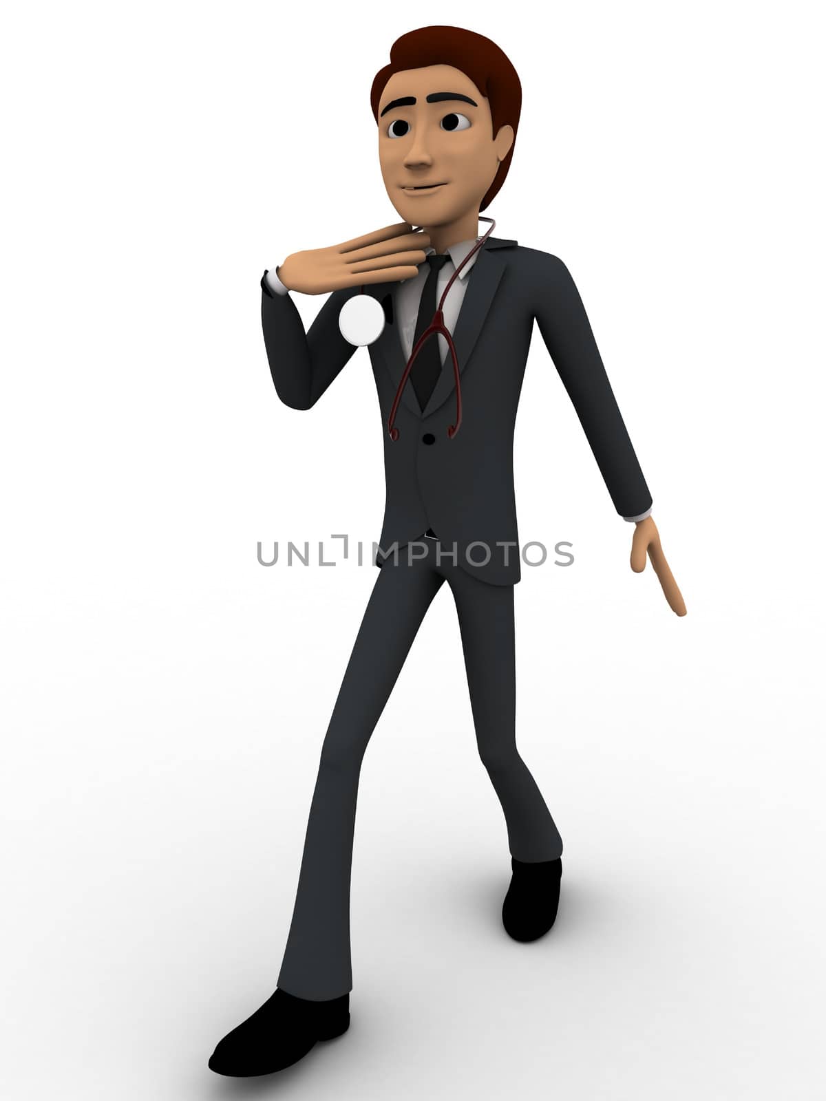 3d doctor walking with stethoscope in hand concept on white background, front angle view