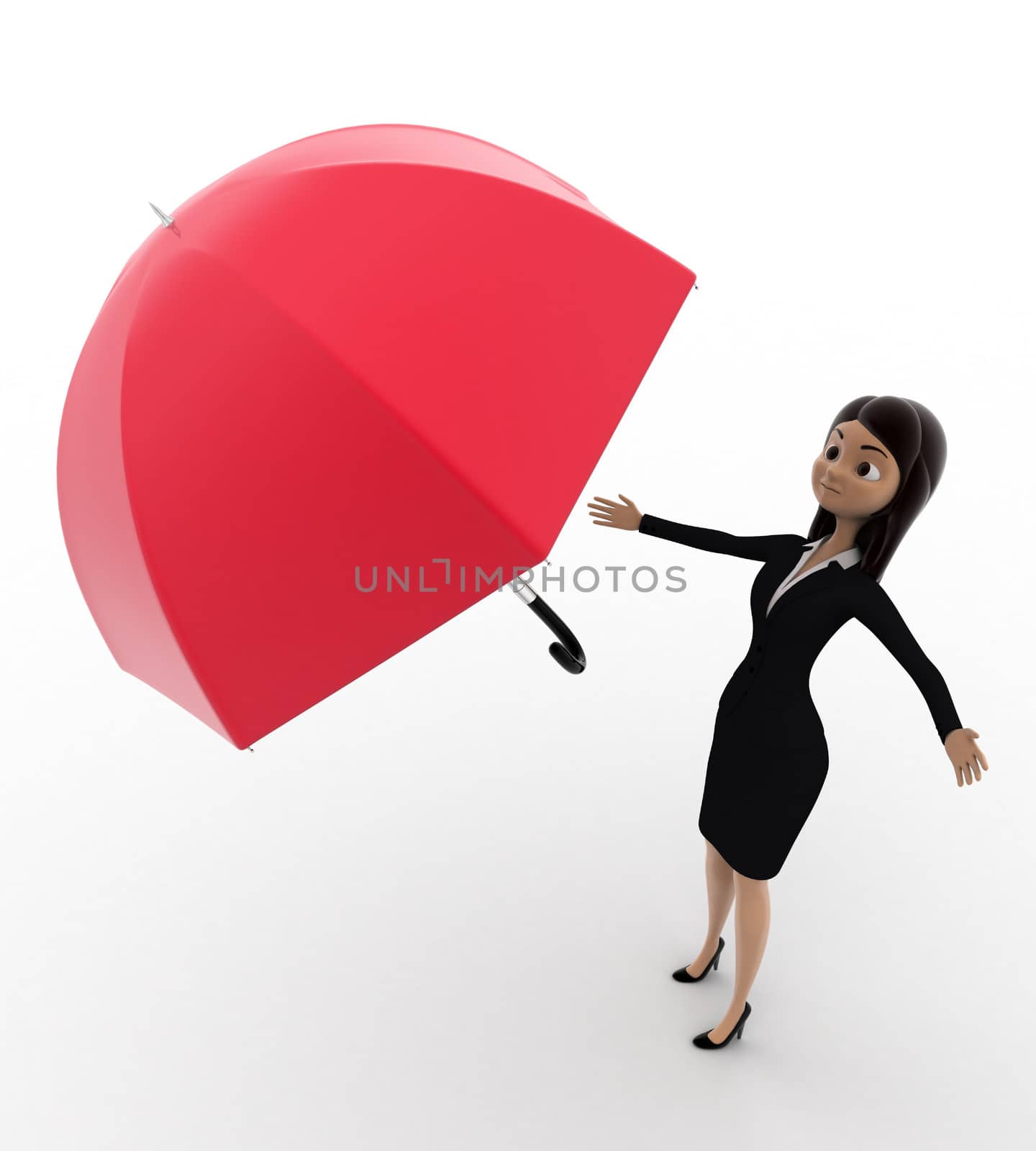 3d women drop out his umbrella concept on white isolated background , top angle view 