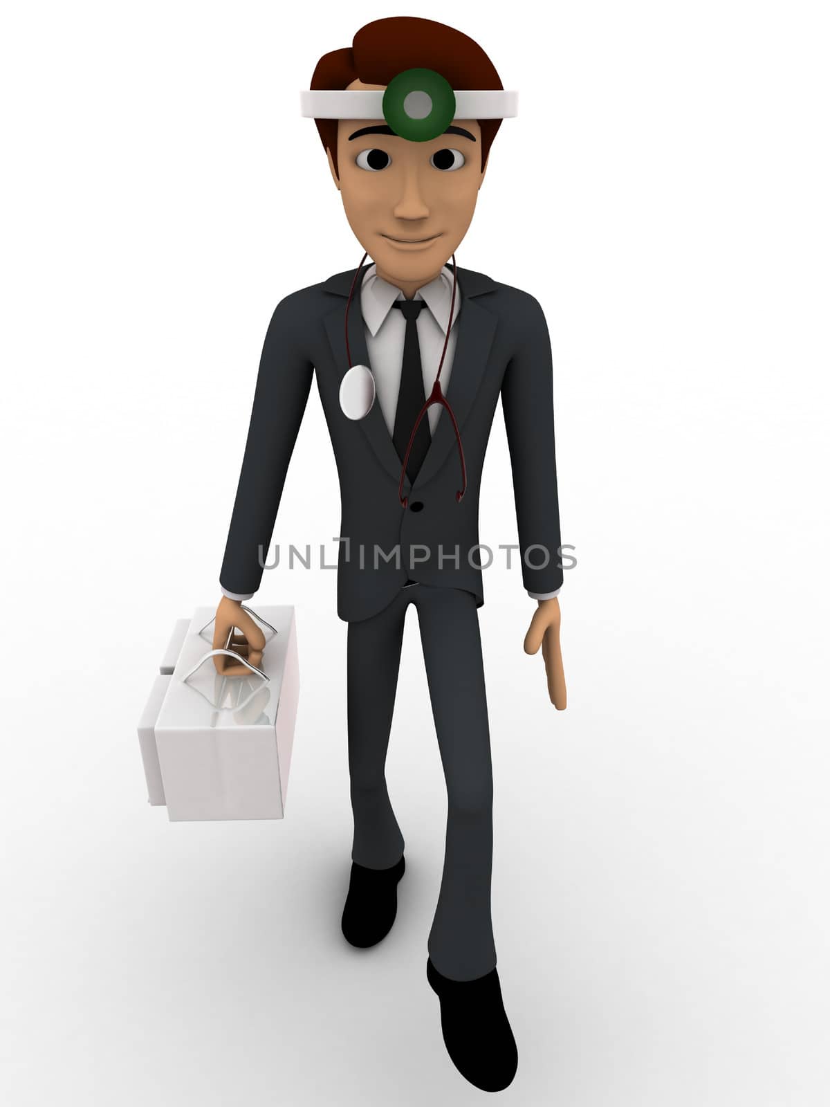 3d man doctor with medical kit in hand concept on white background, front angle view