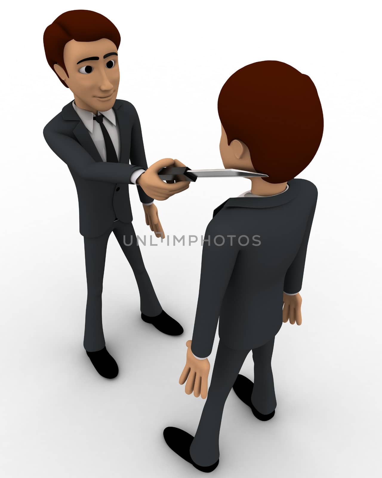 3d man put knife on another man's neck concept on white background, top angle view