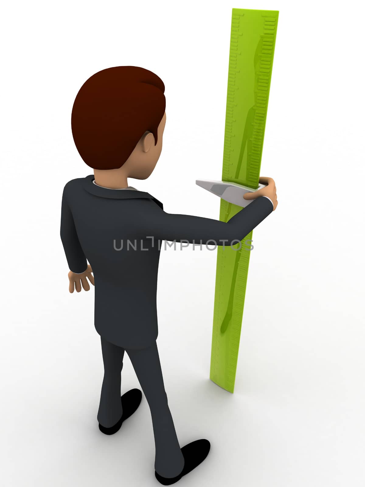 3d man with green measure tape to measure height concept on white background, back angle view