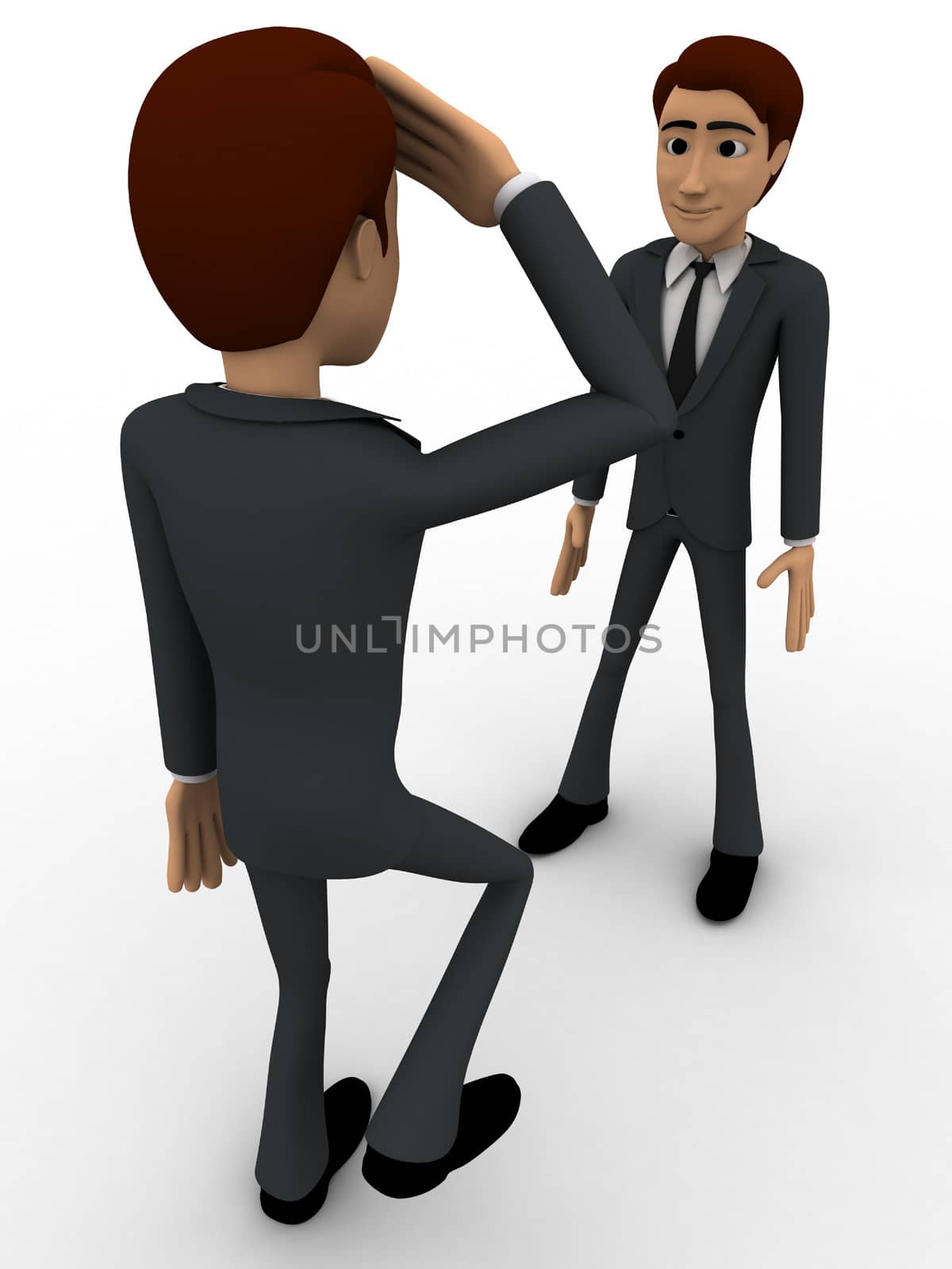 3d man standing and saluting to senior officer concept on white background, back angle viewa