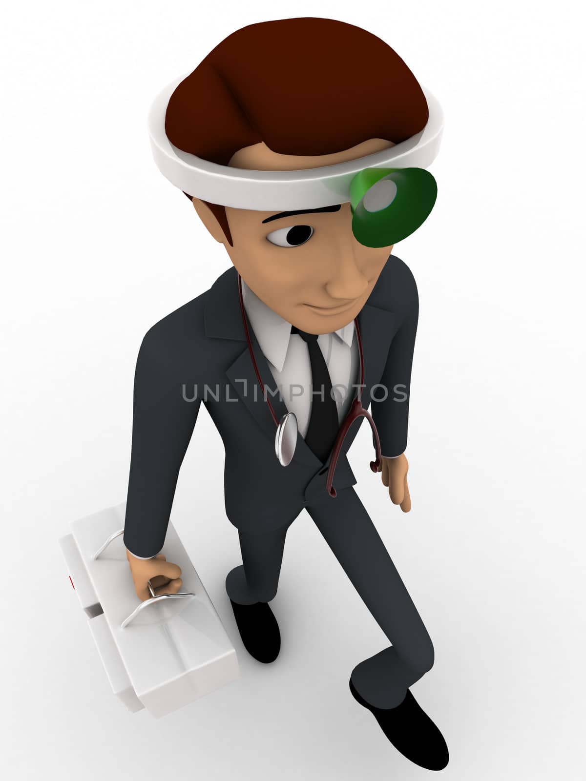 3d man doctor with medical kit in hand concept on white background, top angle view