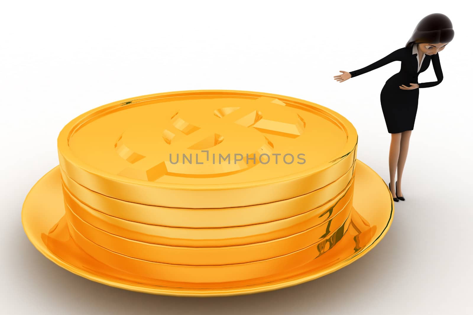 3d woman present golden coin in golden dish concept by touchmenithin@gmail.com