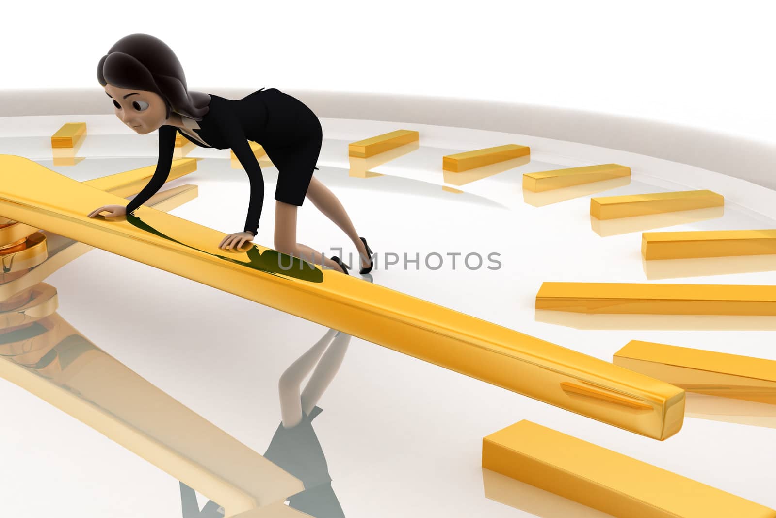 3d woman pushing lever of clock concept on white background, side  angle view