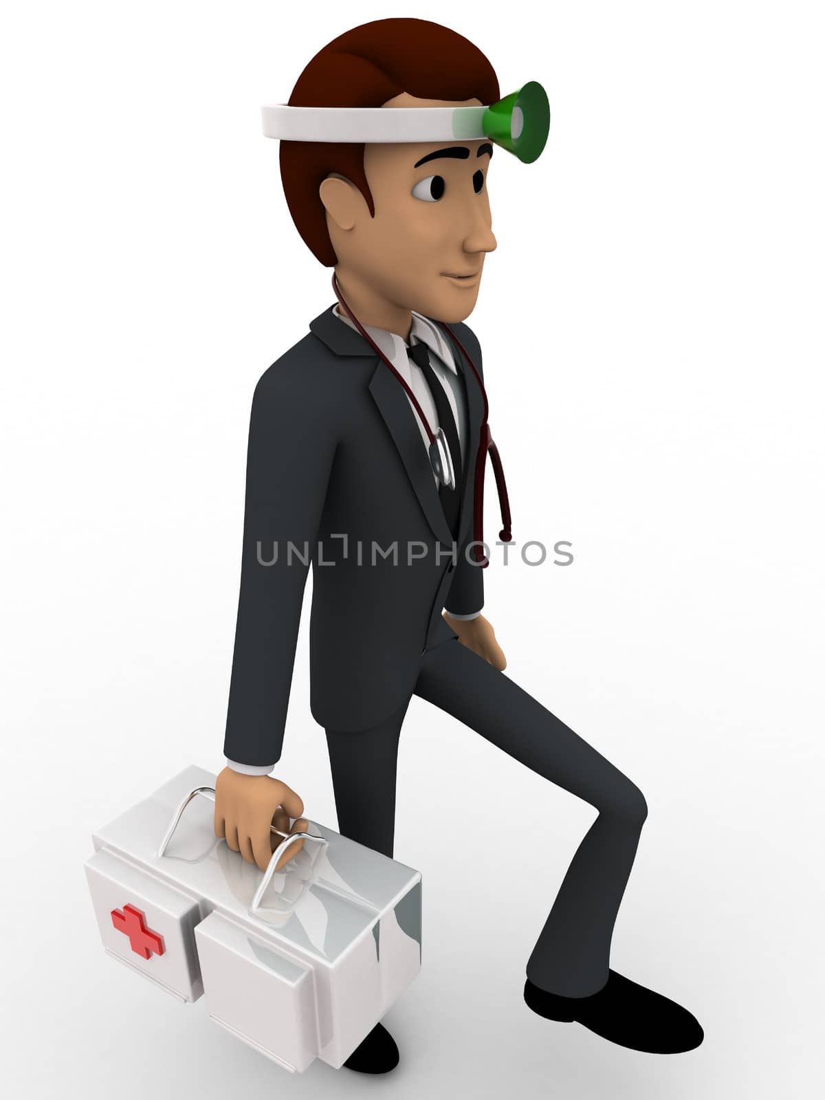 3d man doctor with medical kit in hand concept on white background, side angle view