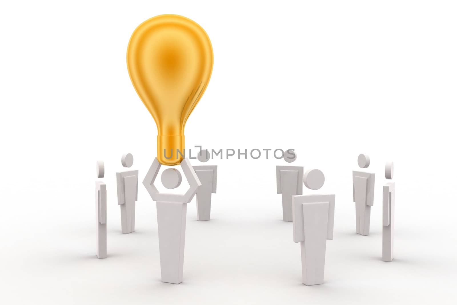 3d man with golden bulb concept on white background, front angle view