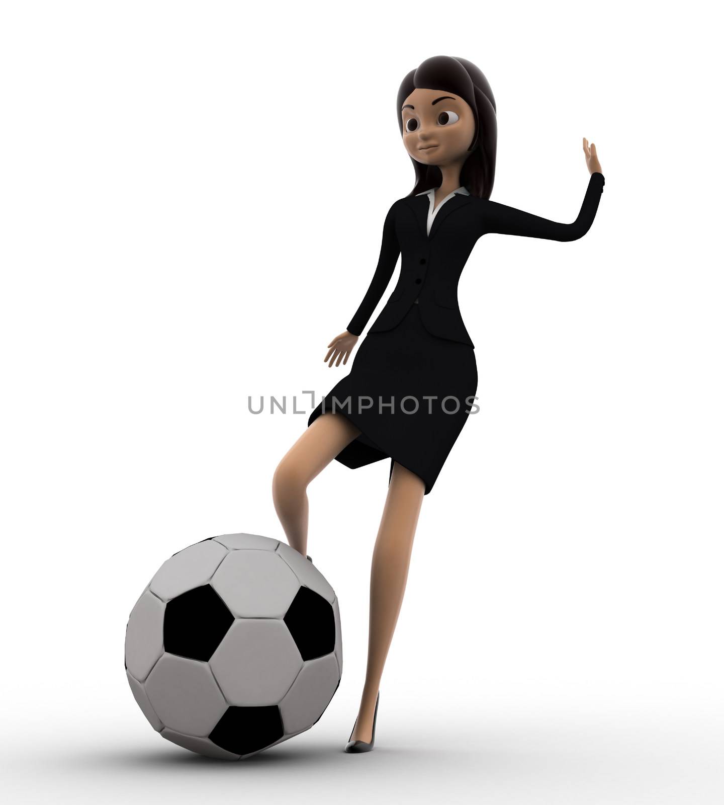 3d women kicking football concept on white isolated background , front angle view 