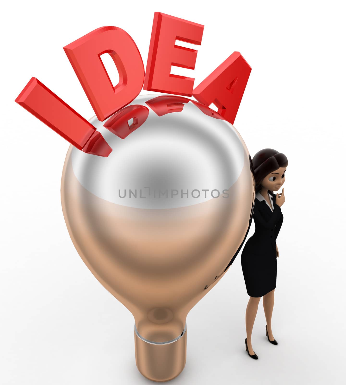 3d woman with idea silver bulb concept on white bakcground, side angle view