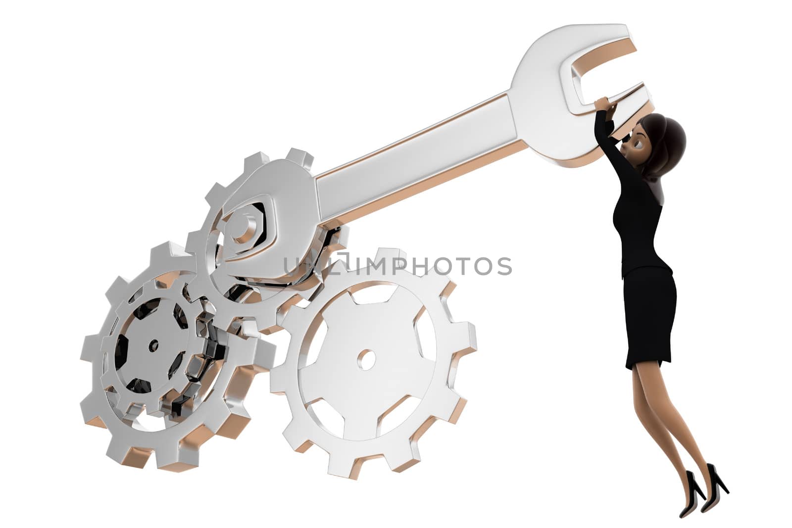 3d woman tightening nut and gears using mechanical wrench concept on white bakcground, side angle view
