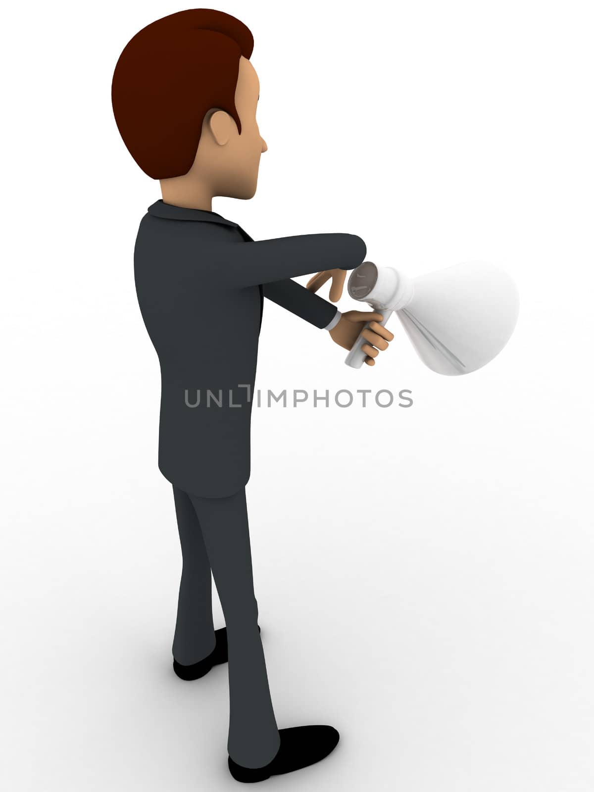 3d man with speaker to announce concept on white background, side angle view